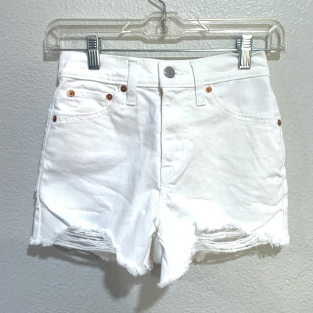 LEVIS white denim high rise distressed hem jean shorts size 24